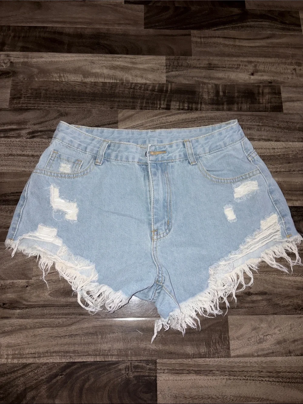 Amazon Light Blue Distressed Denim Shorts with Frayed Hem